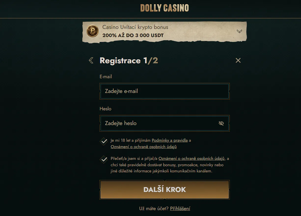 Skutečný aktuální zobrazení české registrační stránky Dolly Casino