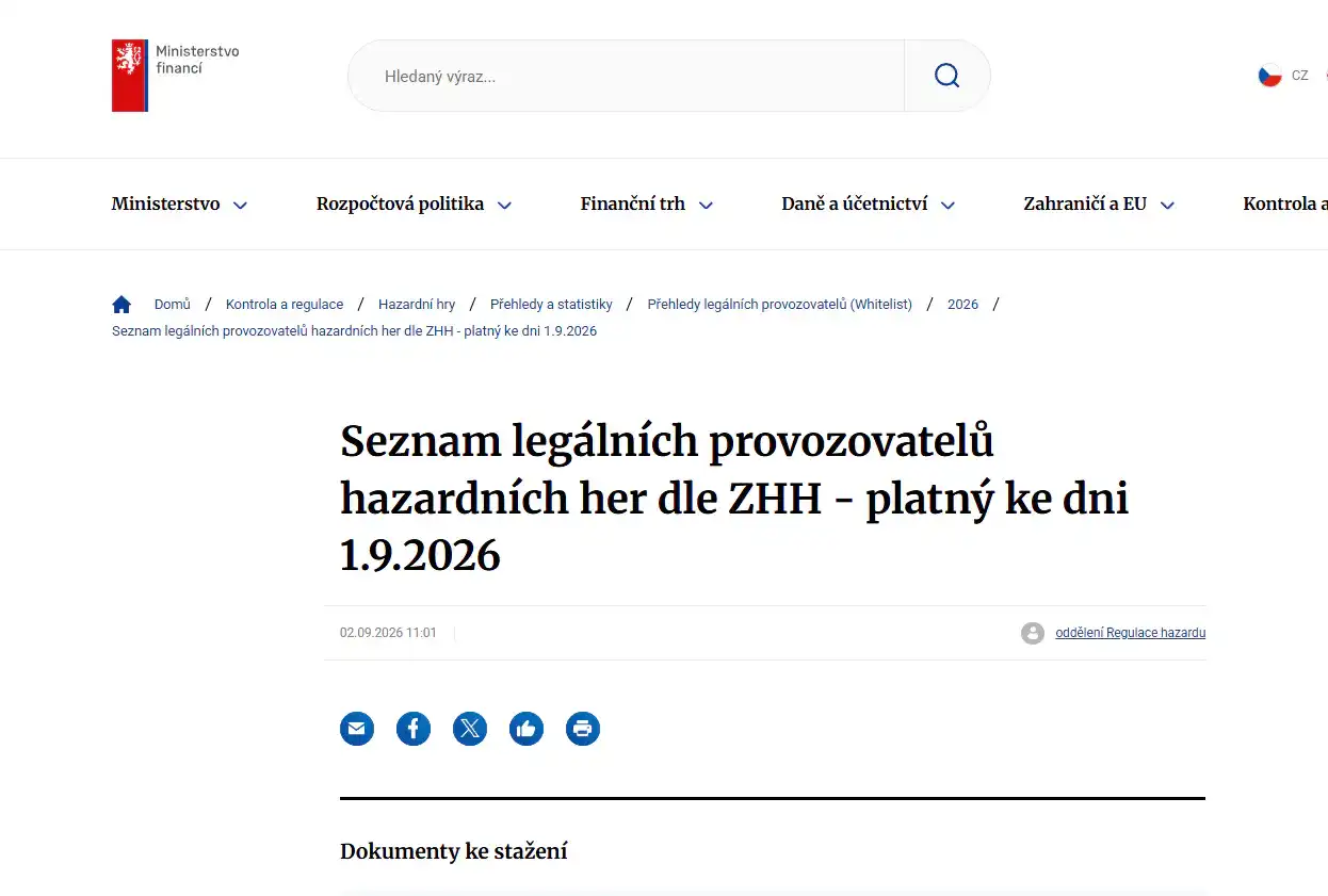 Snímek veřejného přehledu legálních provozovatelů hazardních her Ministerstva financí ČR