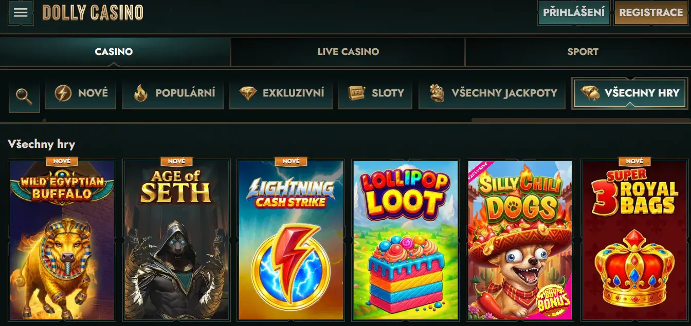 aktuální zobrazení herního katalogu Dolly Casino s kategoriemi