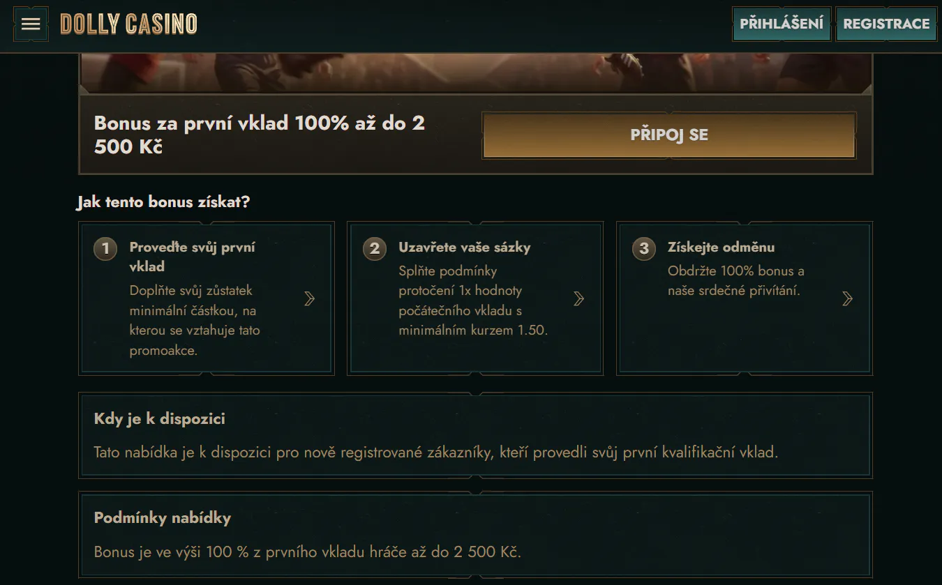 Česká sportovní bonusová stránka Dolly Casino s nabídkou 100 procent do 2 500 Kč