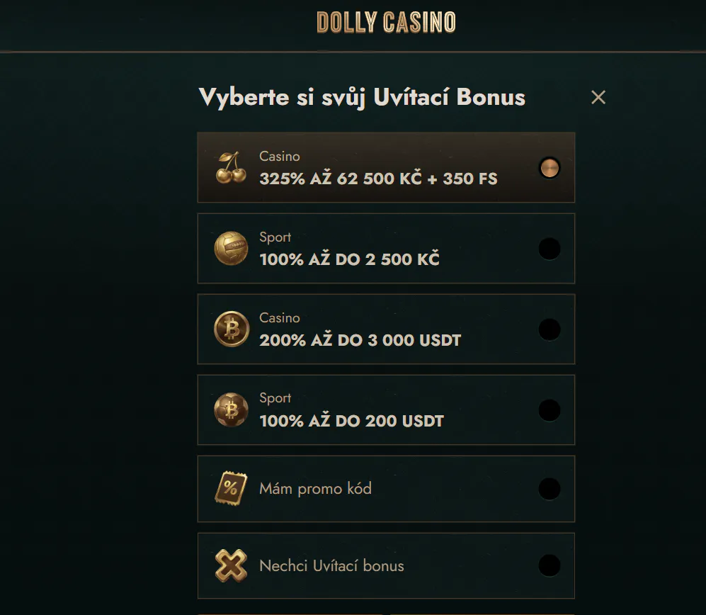 Skutečný aktuální zobrazení české registrační stránky Dolly Casino s volbou uvítacího bonusu v CZK